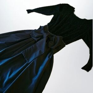 Elegant Vintage Black Long-Sleeve Evening Dress with Bow Waist. R&K Originals.